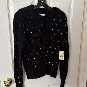 Nine West Black Knit Crewneck Sweater with rhinestone studs.
